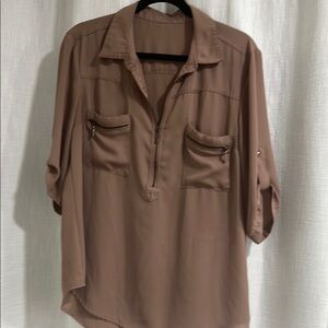 Women's Tan Blouse with Zipper Pockets